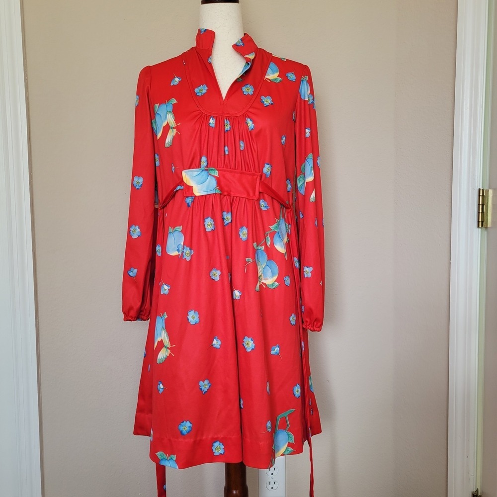 Vintage Red Fit N Flare Dress Size M Prairie Cottagecore Floral 70s Long Sleeve - Picture 6 of 12